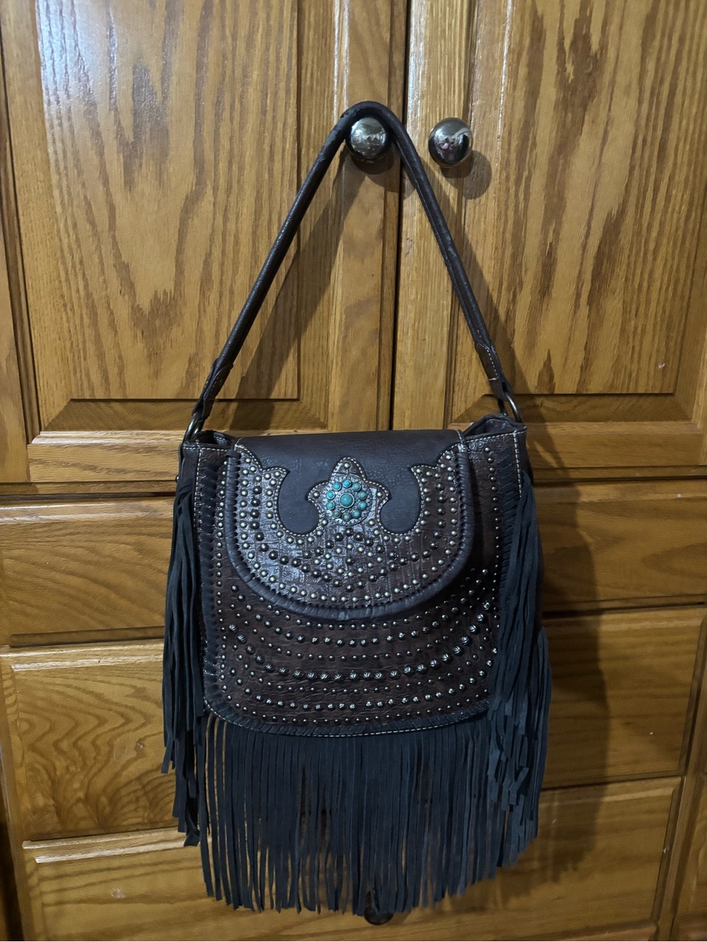 Montana West Dark Brown Fringed Shoulder Bag with Turquoise Accent